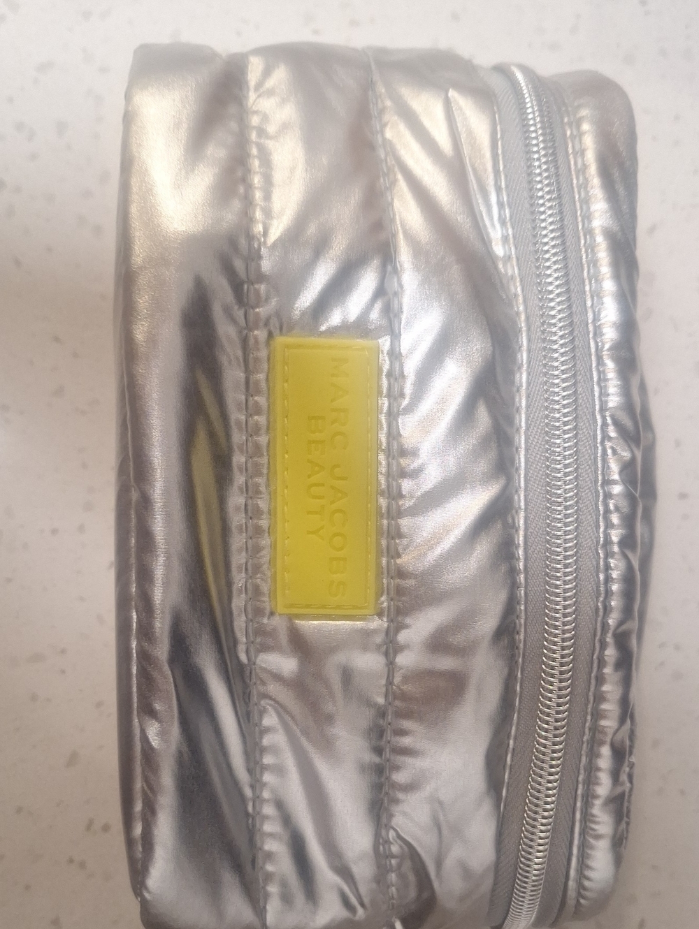 Marc Jacobs Silver Metallic Cosmetic Case with Yellow Logo Patch
